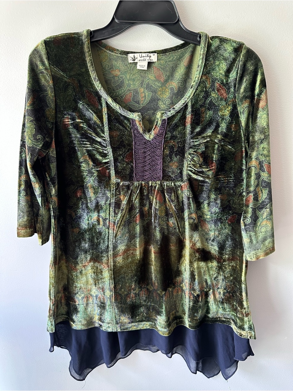 Unity World Wear M Green Floral Velvet Tunic Top Chiffon Hem Y2K Whimsigoth